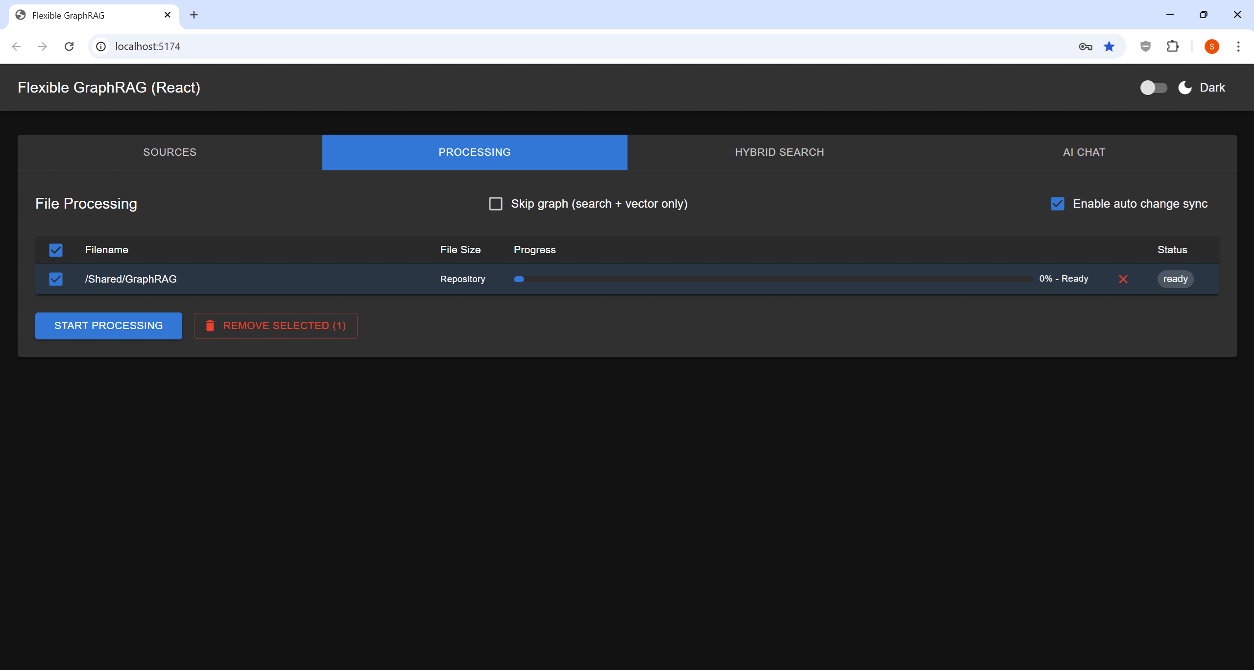 Processing tab — auto-sync enabled (Alfresco)