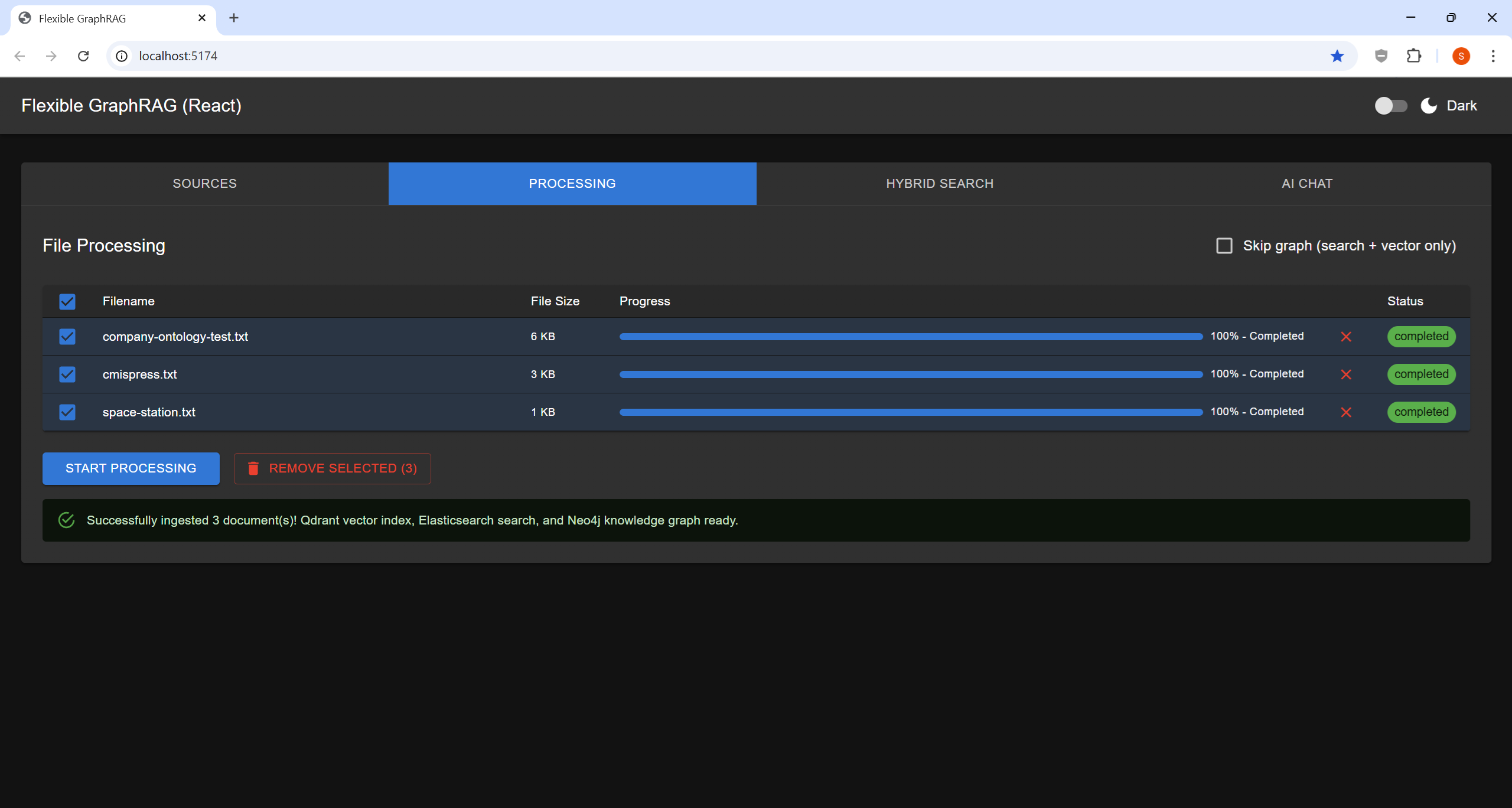 Processing tab — complete