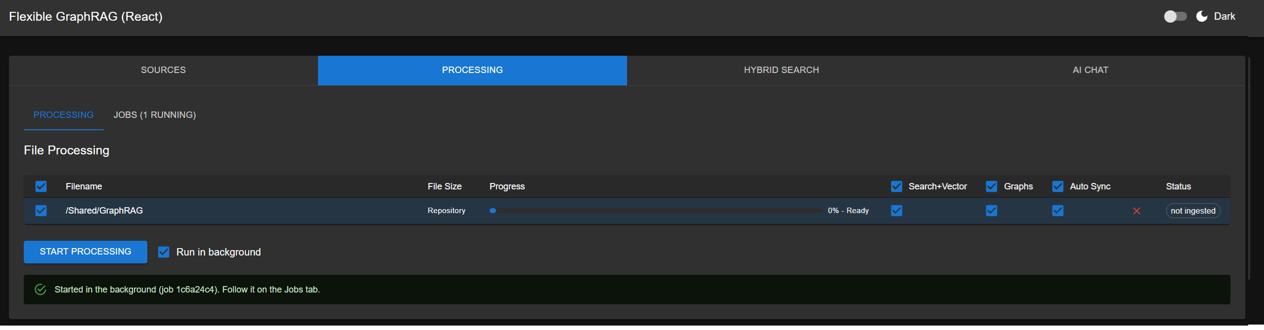Processing sub-tab — Search+Vector, Graphs and Auto Sync per row