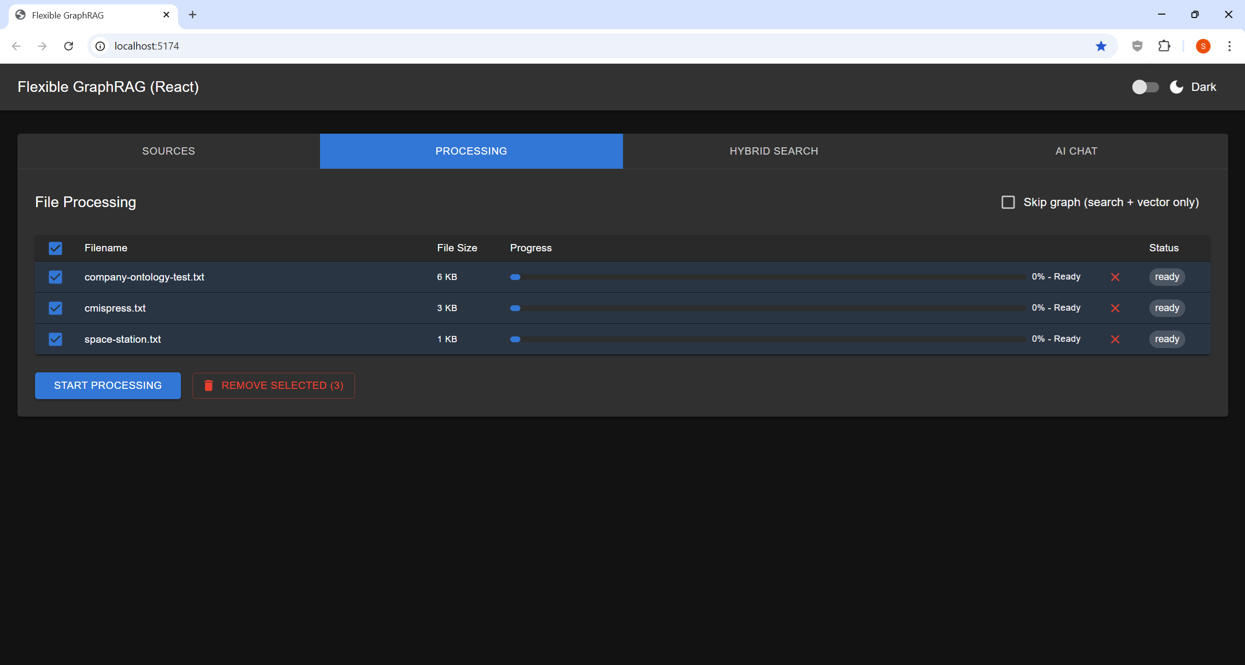 Processing tab — ready to start